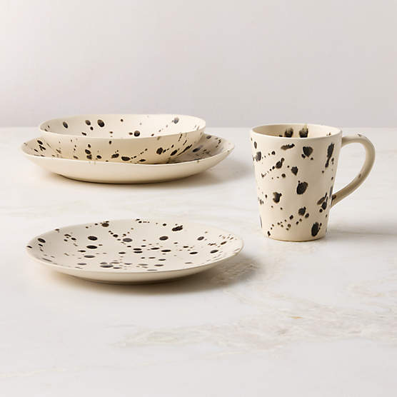 Harper 4-Piece Black and White Splatter Dinnerware Set with Pasta Bowl