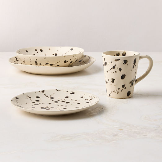 Harper 4-Piece Black and White Splatter Dinnerware Set with Pasta Bowl