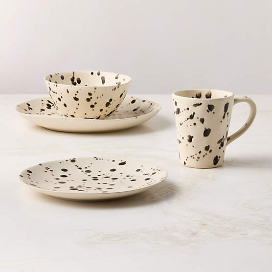 Harper 4-Piece Black and White Splatter Dinnerware Set with Soup Bowl