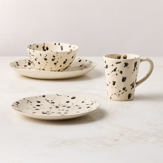 Harper 4-Piece Black and White Splatter Dinnerware Set with Soup Bowl