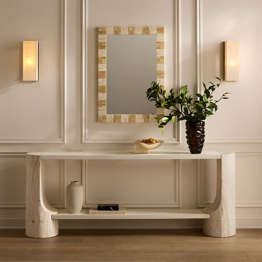 Scoop Travertine and White Oak Wood Console Table (55" - 76")