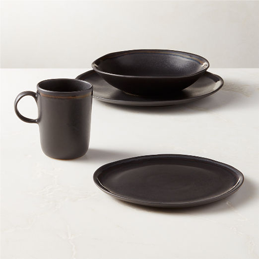 Hyacinth 4-Piece Black Dinnerware Set with Pasta Bowl with Reactive Glaze