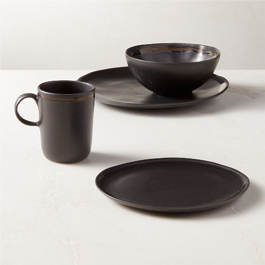 Hyacinth 4-Piece Black Dinnerware Set with Soup Bowl with Reactive Glaze