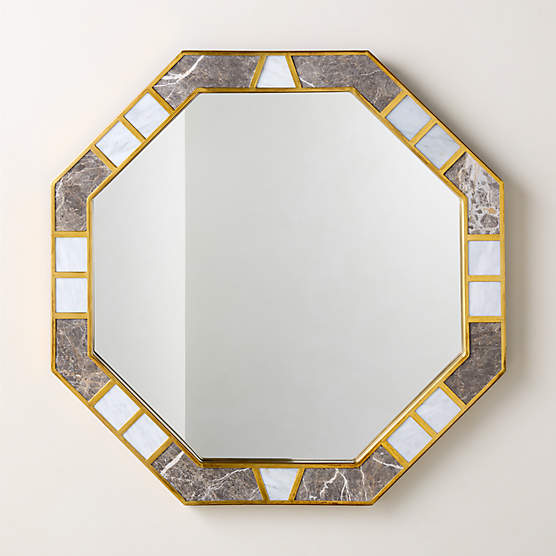 Icaro Grey Breccia and White Carrara Marble Octagon Wall Mirror 32"