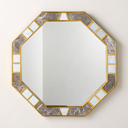 Icaro Grey Breccia and White Carrara Marble Octagon Wall Mirror 32"