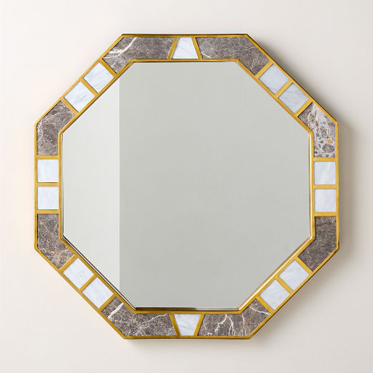 Icaro Grey Breccia and White Carrara Marble Octagon Wall Mirror 32"
