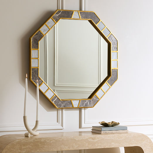 Icaro Grey Breccia and White Carrara Marble Octagon Wall Mirror 32"