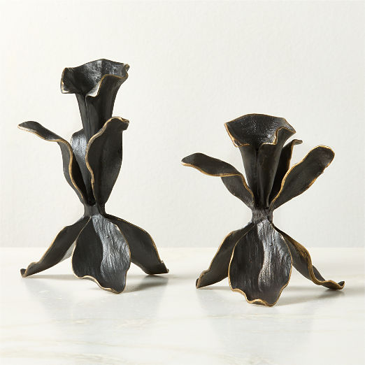 Iris Blackened Brass Taper Candle Holders