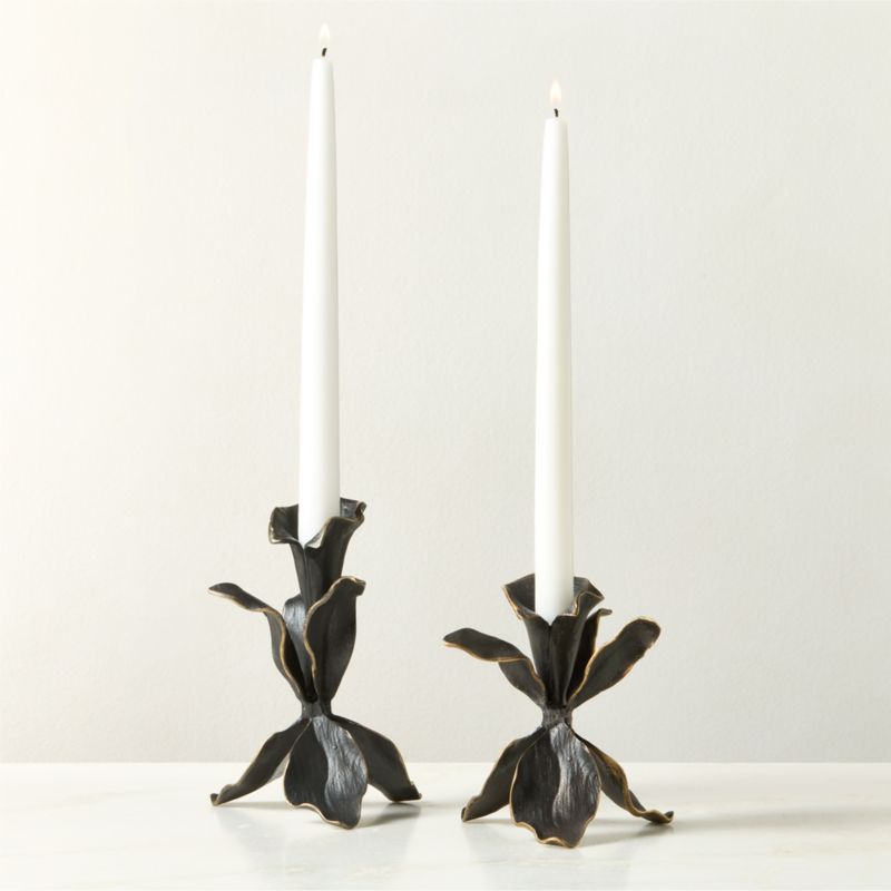 View Iris Blackened Brass Taper Candle Holders Set of 2 details