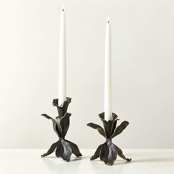 Iris Blackened Brass Taper Candle Holders Set of 2