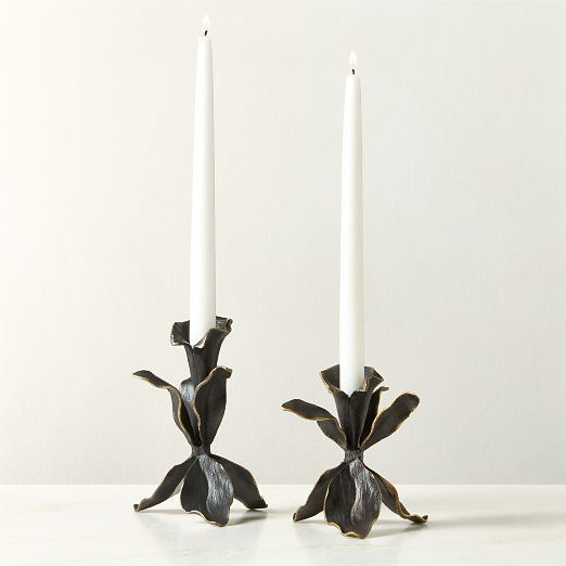 Iris Blackened Brass Taper Candle Holders