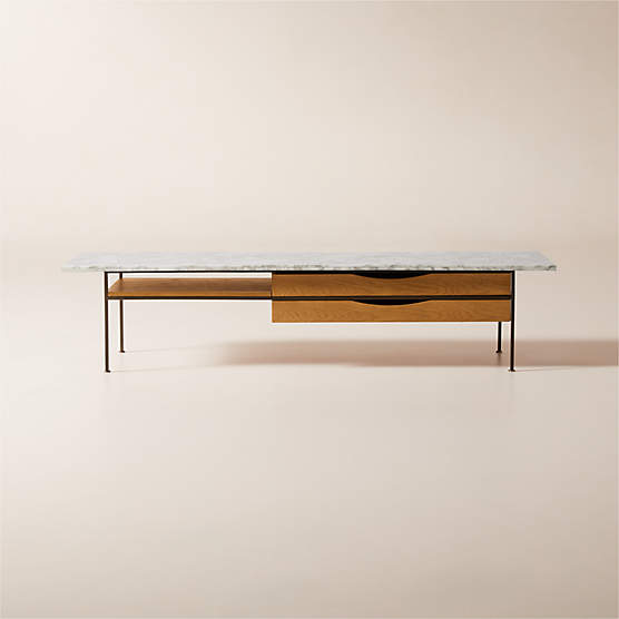 Irwin 72" White Marble and Natural Oak Coffee Table by Paul McCobb
