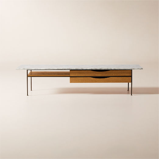 Irwin 72" White Marble and Natural Oak Coffee Table by Paul McCobb
