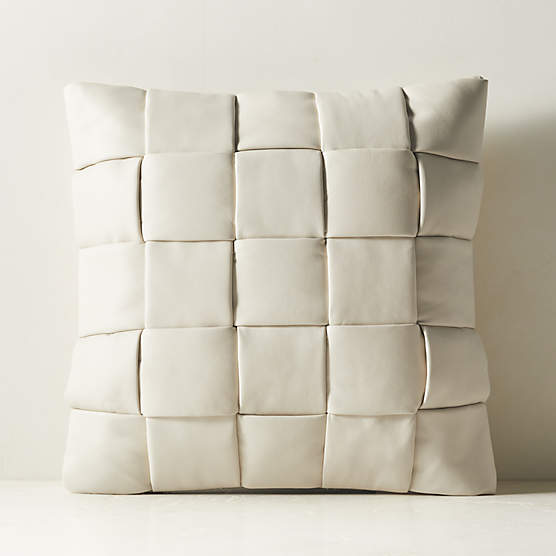 Jabas Warm White Woven Leather Throw Pillow with Down-Alternative Insert 20"x20"