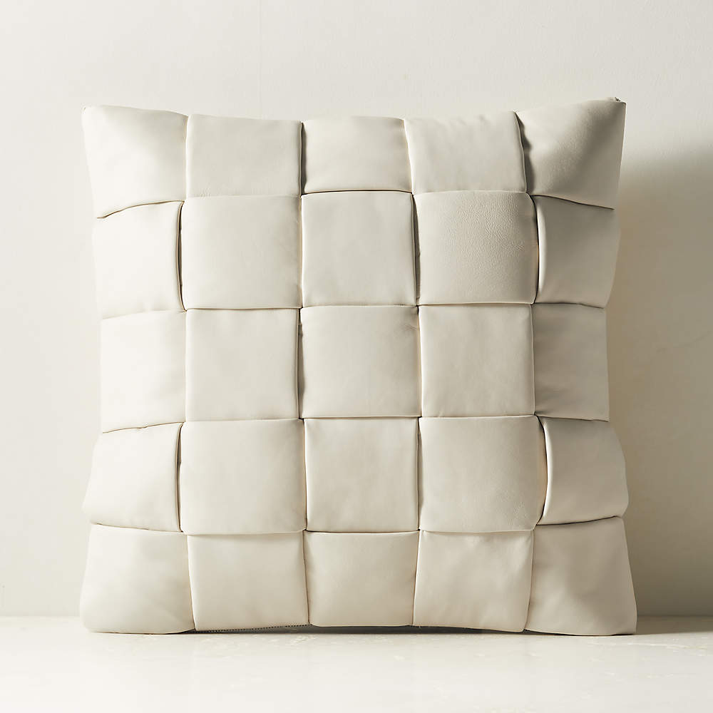 Jabas Warm White Woven Leather Throw Pillow with Down Alternative