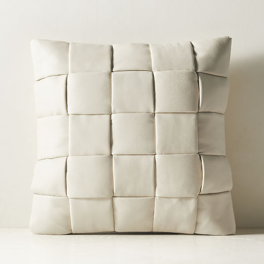 Jabas Warm White Woven Leather Throw Pillow with Down-Alternative Insert 20"