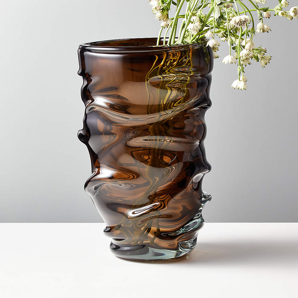 Contemporary vase - HANDLE - Mater Design - blown glass / borosilicate  glass / oak