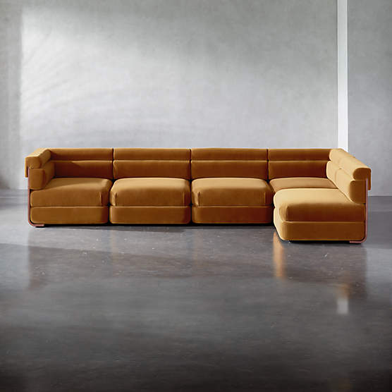 Imbu 5-Piece L-Shaped Amber Orange Velvet Sectional Sofa