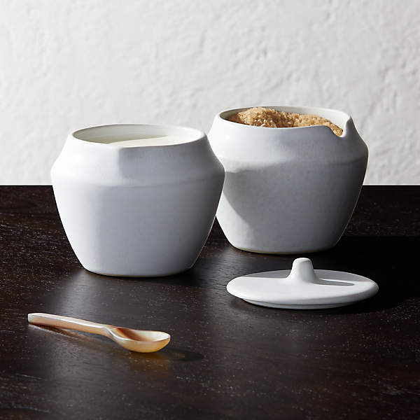 Ceramic White Creamer and Sugar Set with Lid Spoon 4 Piece 