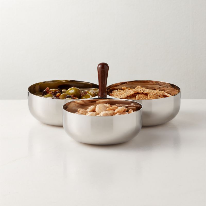 View Kalman Polished Stainless Steel and Walnut Wood Serving Bowl Trio details