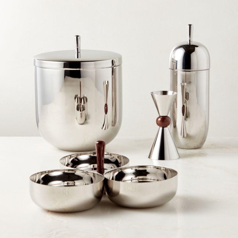 View Kalman Polished Stainless Steel and Walnut Wood Bar Tool Set with Snack Bowl details