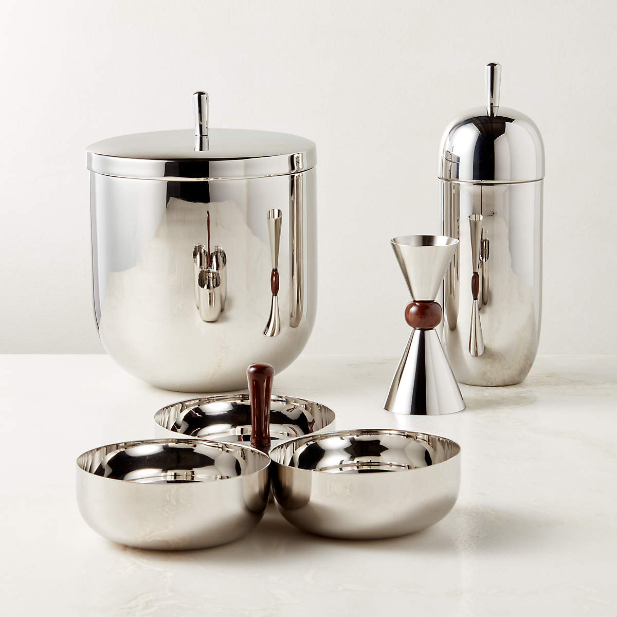 CB2 Kalman Polished Stainless Steel Bar Tool Set with Snack Bowl