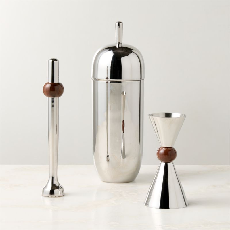 View Kalman Polished Stainless Steel and Walnut Wood Bar Tools Set of 3 details