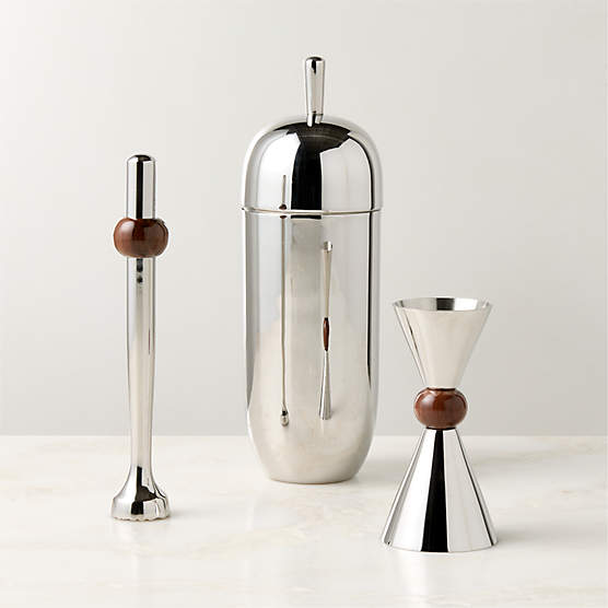 Kalman Polished Stainless Steel and Walnut Wood Bar Tools Set of 3