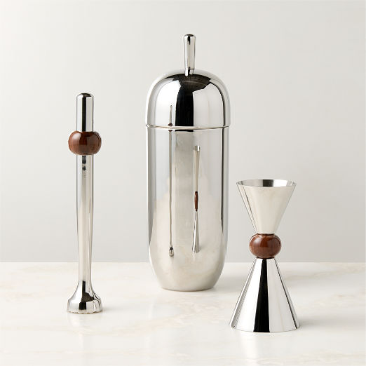 Kalman Polished Stainless Steel and Walnut Wood Bar Tools Set of 3