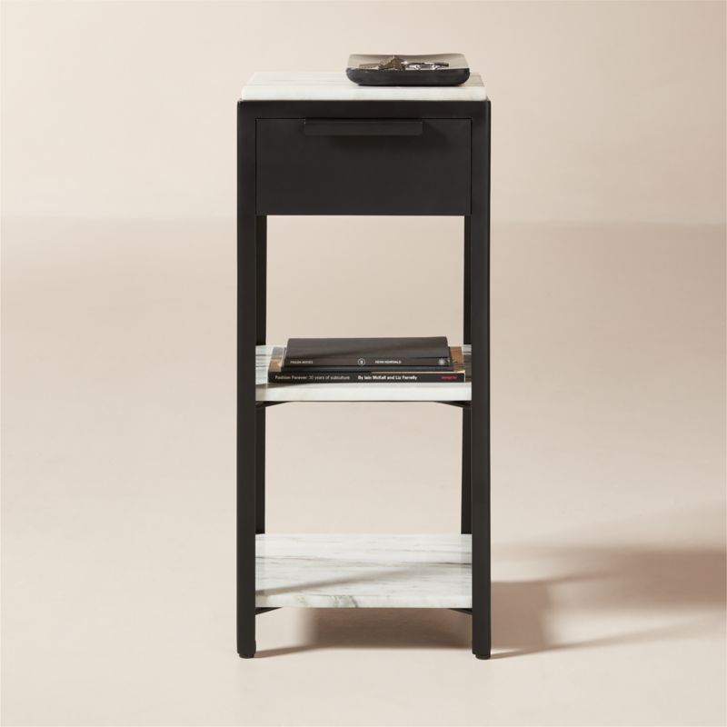 Kessi Black Metal and White Marble Side Table with Drawer - image 2 of 11