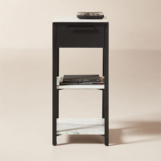 Kessi Black Metal and White Marble Side Table with Drawer