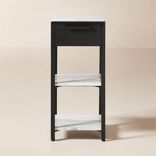 Kessi Black Metal and White Marble Side Table with Drawer