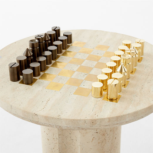 Kikko Travertine Game Side Table with Brass Chess Set