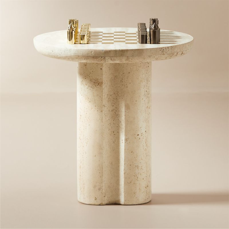 Viewing product image Kikko Travertine Game Side Table with Brass Chess Set - image 1 of 5