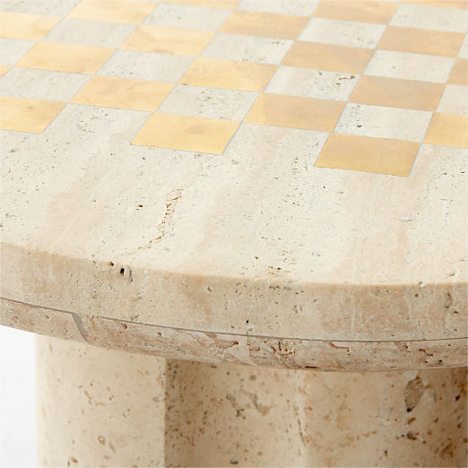 Kikko White Travertine and Brass Inlay Game Side Table