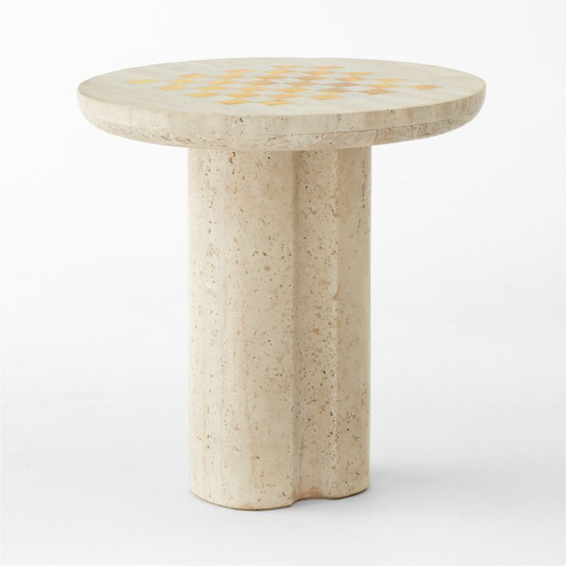 Kikko White Travertine and Brass Inlay Game Side Table - image 3 of 7