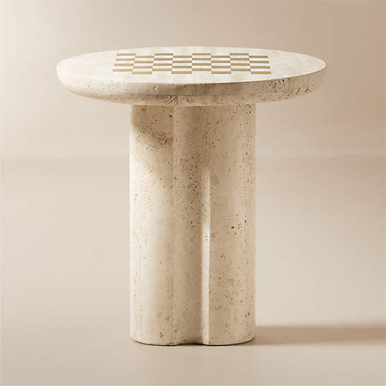 Kikko White Travertine and Brass Inlay Game Side Table