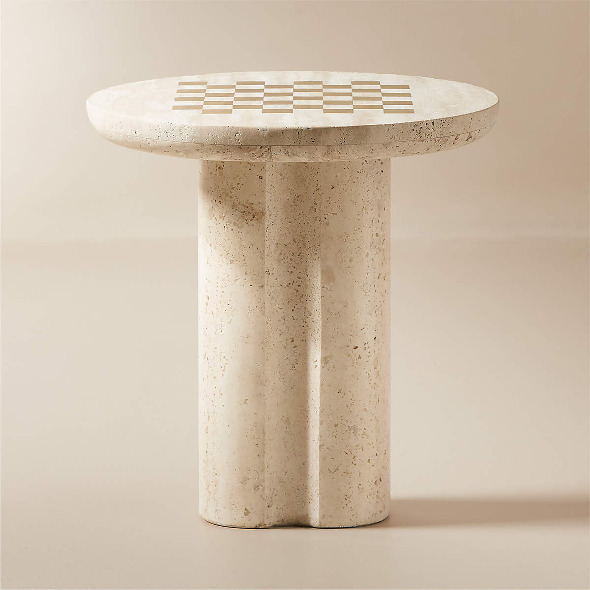 Kikko White Travertine and Brass Inlay Game Side Table CB2