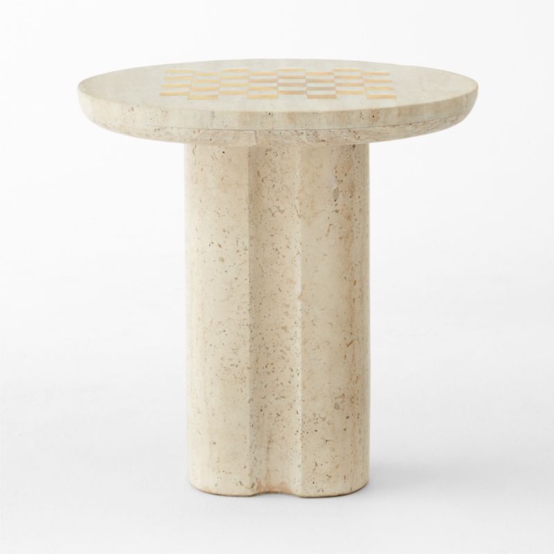 Kikko White Travertine and Brass Inlay Game Side Table - image 2 of 7