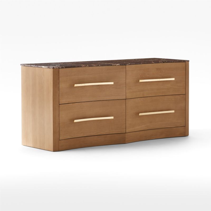 Kingsbury Low 4-Drawer Curved Oak Wood Dresser with Marble Top - image 4 of 9