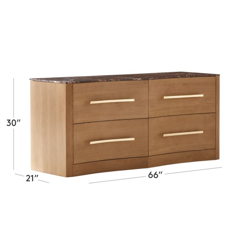 View Kingsbury Low 4-Drawer Curved Oak Wood Dresser with Marble Top - image 3 of 9