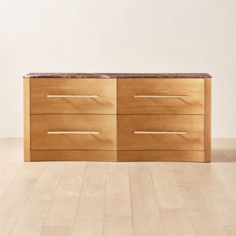 Kingsbury Low 4-Drawer Curved Oak Wood Dresser with Marble Top - image 0 of 9