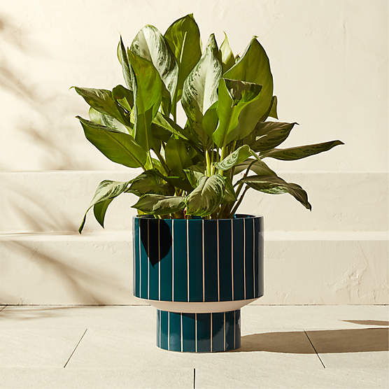 Komo Green Striped Ceramic Indoor/Outdoor Planter Large