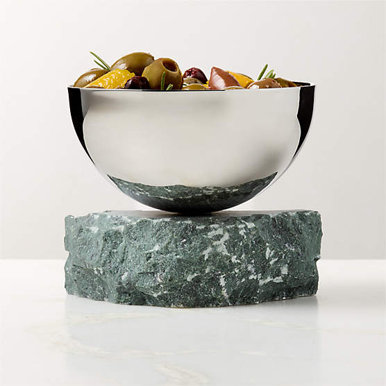 Laftin Polished Stainless Steel and Green Marble Snack Bowl 5"