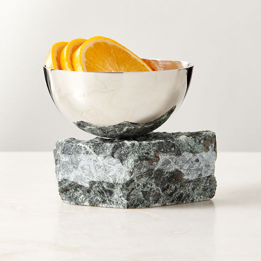 Laftin Polished Stainless Steel and Green Marble Snack Bowl 4"