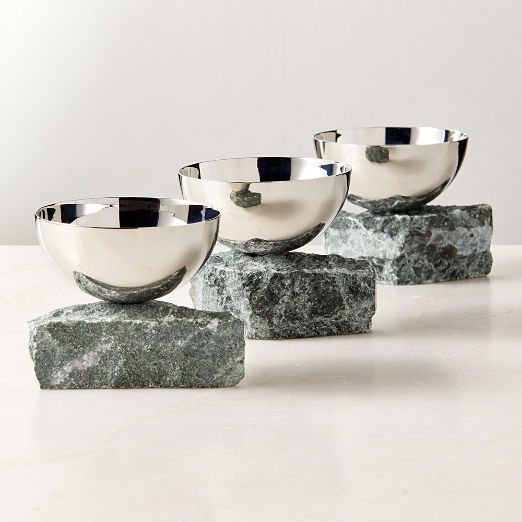 Laftin Polished Stainless Steel and Green Marble Snack Bowl