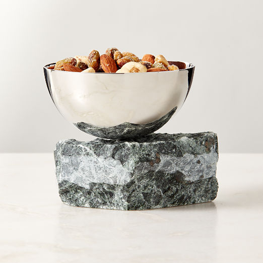 Laftin Polished Stainless Steel and Green Marble Snack Bowl