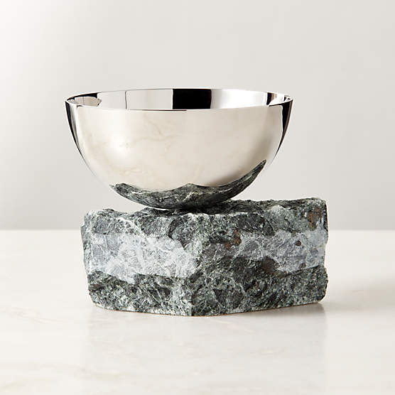 Laftin Polished Stainless Steel and Green Marble Snack Bowl