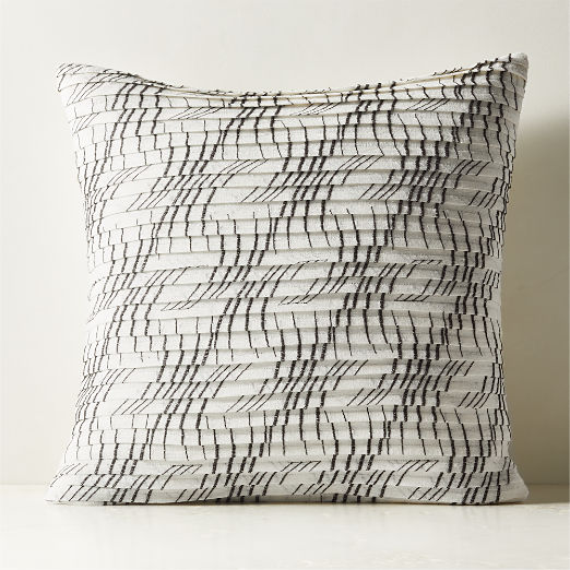 Lando Warm White and Black Pleated Silk and Linen Throw Pillow with Feather-Down Insert 23"