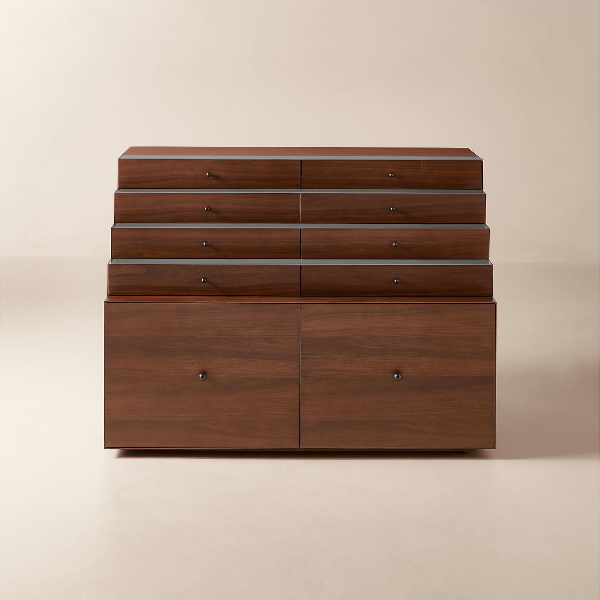 Dark walnut 8-drawer storage cabinet with a clean, tiered design.